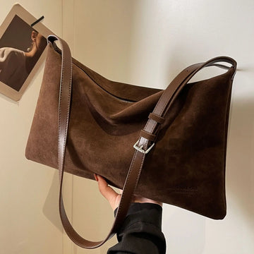 Qfdian Vintage Suede Tote Bag for Women Autumn Winter New Large Capacity Commute Shoulder Crossbody Bags Fashion Trend Underarm Bags